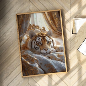Tiger Wall Art Physical Wall Art, Sleeping Tiger Maximalist Oil Painting Bold Gold Dopamine Bedroom Poster Kitsch Animal Print, Tiger Poster