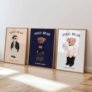 Set di 3 poster da parete Polo Bear, poster di riviste di moda, poster di riviste di moda vintage, stampa di lusso Polo Ralph con stampa a forma di orso