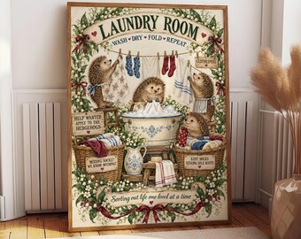 Laundry Room Hedgehog Poster, Cottagecore Wall Art, Funny Laundry Sign Print, Rustic Farmhouse Decor, Cozy Utility Room Gift