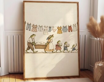 Frog Laundry Poster, Vintage Illustrated Wall Art, Whimsical Laundry Room Decor, Cozy Home Print, Nursery and Kitchen Wall Poster