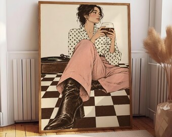 Vintage Woman Wall Art, Checkerboard Floor Poster, Music Lover Print, Chic Lounge Decor, Fashion Illustration, Boho Home Gift, Portrait Art