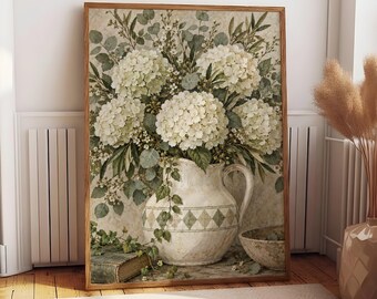 Vintage Botanical Flower Poster, Cream Floral Wall Art, Cottagecore Still Life Print, Elegant Home Decor, Bedroom Kitchen Wall Art