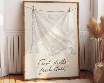 Fresh Sheets Fresh Start Poster, Laundry Room Wall Art, Minimalist Bedroom Decor, Cozy Home Print, Neutral Script Poster, Gift for Her