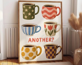 Coffee Mug Poster, Whimsical Kitchen Wall Art, Retro Coffee Lover Print, Cute Café Decor, Funny Coffee Quote Poster, Gift for Her