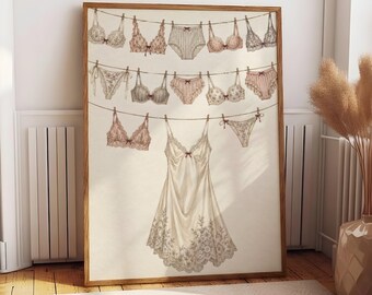 Vintage Lingerie Poster, Romantic Boudoir Wall Art, Feminine Bedroom Decor, Soft Neutral Print, Elegant Dressing Room Poster