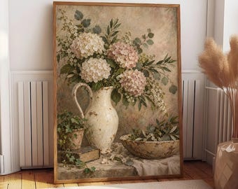 Vintage Floral Still Life Poster, Hydrangea Wall Art, Cottagecore Bouquet Print, Soft Bedroom Decor, Romantic Home Decor, Botanical Poster