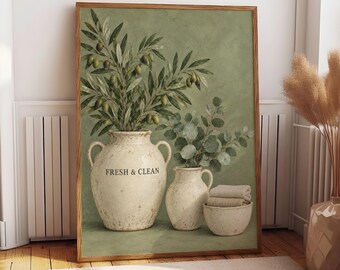 Fresh & Clean Botanical Poster, Olive Branch Wall Art, Rustic Farmhouse Decor, Sage Green Bathroom Print, Spa Style Home Poster