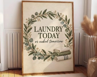 Laundry Room Poster, Botanical Wreath Wall Art, Funny Laundry Sign, Farmhouse Bathroom Decor, Rustic Home Print, Gift for Her, Portrait