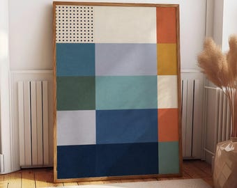 Abstract Geometric Wall Art, Mid Century Color Block Poster, Modern Home Decor, Blue Cream Orange Print, Living Room Office Art