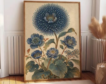 Blue Botanical Flower Poster, Vintage Floral Wall Art, Elegant Nature Print, Bedroom Decor, Living Room Poster, Botanical Gift