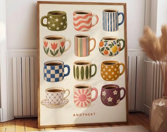 Coffee Mug Poster, Whimsical Kitchen Wall Art, Patterned Cup Print, Cozy Cafe Decor, Gift for Coffee Lover, A4 Poster