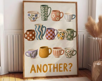 Hand Painted Mug Poster, Cozy Kitchen Wall Art, Coffee Cup Print, Whimsical Dining Room Decor, Folk Style Mug Illustration, Gift Idea
