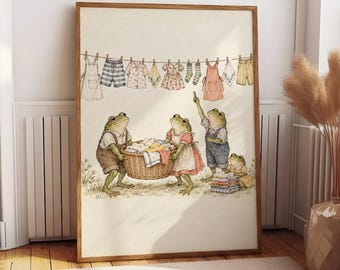 Whimsical Frog Laundry Poster, Vintage Animal Wall Art, Cottagecore Nursery Decor, Playful Kitchen Print, Cozy Home Illustration