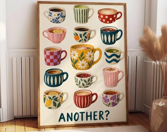 Coffee Mug Poster, Cute Kitchen Wall Art, Tea Lover Print, Whimsical Cup Decor, Cozy Cafe Poster, Gift for Coffee Lover, Office Art