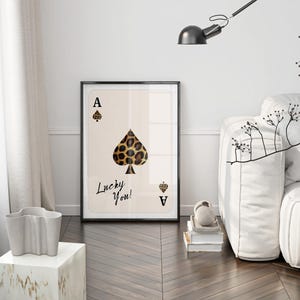 Physische Spielkarte Pik Gepard Druck Lucky You-Karte Wandkunst, trendige 70er Jahre Barwagen Typografie ästhetischer Druck Spielkarte Glück Sie