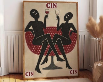 Retro Wine Poster, Cin Wall Art, Vintage Dinner Party Print, Red and Black Decor, Kitchen Dining Room Poster, Gift for Wine Lovers