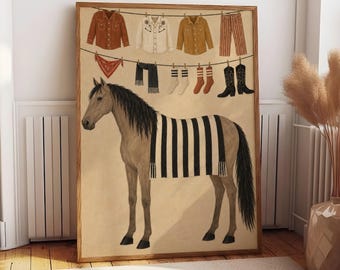 Western Horse Poster, Rustic Cowboy Wall Art, Country Farmhouse Print, Beige Brown Decor, Horse Lover Gift, Living Room Wall Art