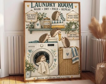 Laundry Room Hedgehog Poster, Whimsical Farmhouse Wall Art, Cute Laundry Decor, Cozy Home Print, Funny Chore Sign, Gift for Her