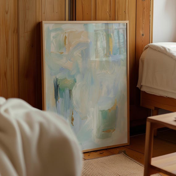 Pastel Abstract Brushstroke Wall Art, Scandi Aesthetic Poster, Soft Blue Green Gold Leaf Print, Modern Minimalist Living Room Decor