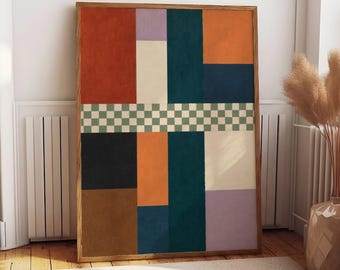 Abstract Geometric Poster, Mid Century Wall Art, Color Block Print, Retro Checkerboard Decor, Modern Living Room, Office Poster