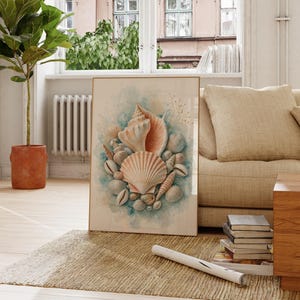 Arte de parede com conchas, pôster costeiro, decoração para banheiro com tema de praia, estampa elegante do oceano, obra de arte com conchas em tons suaves de azul e creme, arte de parede para sala de estar.