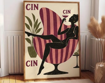 Vintage Cocktail Chair Poster, Retro Woman Wall Art, Chic Lounge Print, Pink Burgundy Decor, Bar Cart Gift, Cream Wall Poster