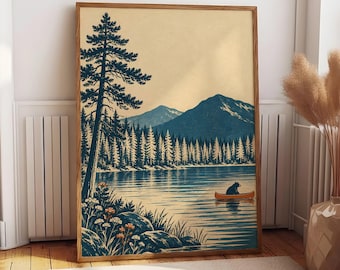 Vintage Bear Canoe Poster, Mountain Lake Wall Art, Rustic Cabin Decor, Nature Print, Woodland Home Accent, Outdoor Adventure Gift