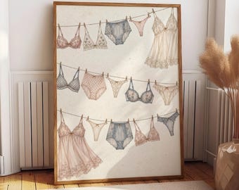 Vintage Lingerie Wall Art, Feminine Laundry Line Poster, Soft Bedroom Decor, Romantic Bathroom Print, Illustrated Home Accent