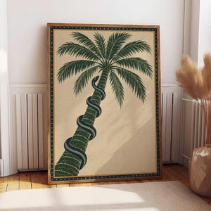 Vintage Palm Tree Poster, Tropical Snake Wall Art, Cream and Green Jungle Print, Boho Home Decor, Exotic Nature Poster, Room Accent