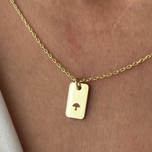 Mushroom Necklace: 14K Gold Plated Tag Pendant, Nature Jewelry