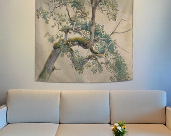 May include: A watercolor painting of a large tree with green leaves and branches against a light beige background. The tree is depicted in a realistic style, with details of the bark and leaves visible.
