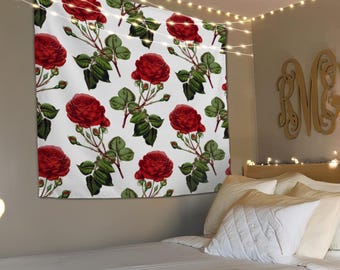 Red Rose Tapestry, Botanical Tapestry, Vintage Floral Art, Floral Wall Hanging, Flower Tapestry, Botanical Wall Art, Farmhouse Decor