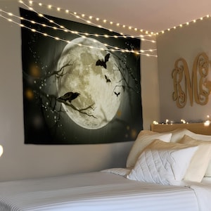 Arazzo da parete con luna, arazzo da strega, arazzo estetico, decorazione da parete per la stanza, arazzo gotico, arte da parete con luna piena, arazzo di Halloween