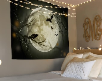 Tapiz de luna para colgar en la pared, tapiz de bruja, tapiz estético, decoración de pared para habitaciones, tapiz gótico, arte de pared de luna llena, tapiz de Halloween