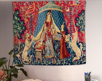 The Lady and the Unicorn Wall Tapestry, Medieval Room Wall Decor, Medieval Backdrop, Historical Wall Art, Wall Hanging, Medieval Tapestry