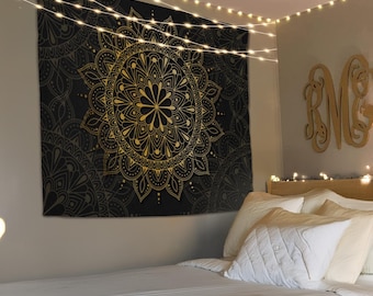 Mandala Tapestry, Hanging Tapestry, Indian Tapestry, Gold Mandala, Meditation Tapestry, Hippie Mandala, Mandala Art Work, Wall Hanging