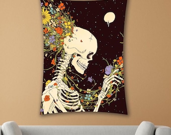 Skeleton Tapestry, Floral Skeleton Wall Hanging, Witchy Decor Bedroom, Halloween Gift, Gothic Wall Art, Witchy Wall Hanging, Gothic Tapestry