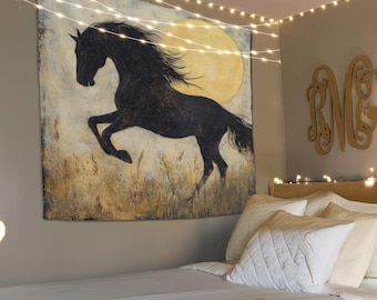 Black Horse Wall Tapestry, Horse Lover Gift, Horse Wall Art Decor, Gift for Her, Horse Wall Art, Dorm Room Decoration, Tapestry Wall Hanging