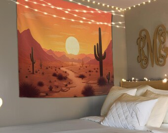 Arte mural de cactus del desierto, tapiz de cactus, decoración de pared bohemia, regalo de inauguración de la casa, decoración de sala de estar, tapiz de naturaleza, arte del suroeste