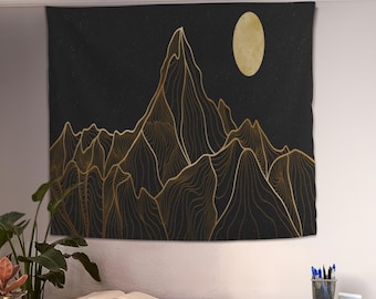 Abstract bergtapijt, maantapijt, kunst aan de muur berg, gezellige decoraties, minimalistische muurkunst, ontspannend huisdecor, groot wandtapijt