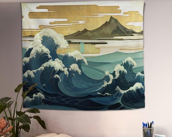 Tapiz de pared de la Gran Ola, arte de pared de olas japonesas, tapiz decorativo, decoración japonesa para el hogar, tapiz para colgar en la pared, regalo de tapiz personalizado