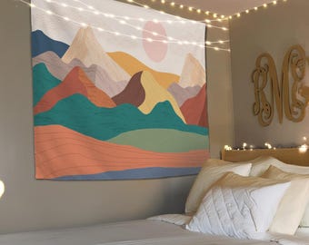 Mountain and Sun Wall Tapestry, Abstract Landscape Wall Hanging, Mountain Scene Art, Nature Tapestry, Home Decoration, Mountain Tapestry