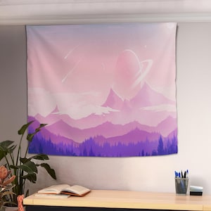 Pink Sky and Saturn Tapestry, Aesthetic Tapestry, Minimalist Tapestry, Home Decoration, Wall Hanging, Unique Gift, Dorm Room Decor