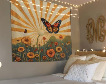 Flower Butterfly Tapestry, Dorm Room Decoration, Aesthetic Tapestry, Bohemian Tapestry, Butterfly Wall Decor, Tapestry Wall Hanging