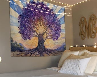 Celtic Style Tree of Life and Sun Tapestry, Folk Aesthetic Wall Hanging, Spiritual Decor, Home Living Room Decoration, Large Wall Art