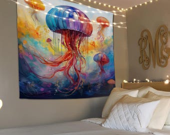 Quallen Wandteppich, Quallen Liebhaber Geschenk, Nautisches Zimmer Dekor, Qualle Wand Kunst, Tier Tapisserie, Schlafzimmer Dekor, Meerestier Wandbehang