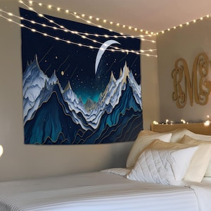 Moon Mountain Tapestry, Night Sky Wall Hanging, Landscape Tapestry, Mountain Wall Art, House Gift, Aesthetic Tapestry, Living Room Decor