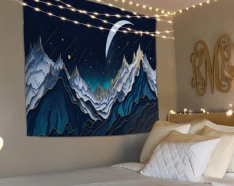Moon Mountain Tapestry, Night Sky Wall Hanging, Landscape Tapestry, Mountain Wall Art, House Gift, Aesthetic Tapestry, Living Room Decor