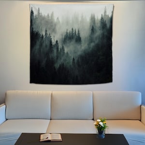 Misty Forest Tapestry, Green Forest Wall Art, Foggy Mountain Wall Decor, Housewarming Gifts, Forest Wall Art, Nature Wall Hanging
