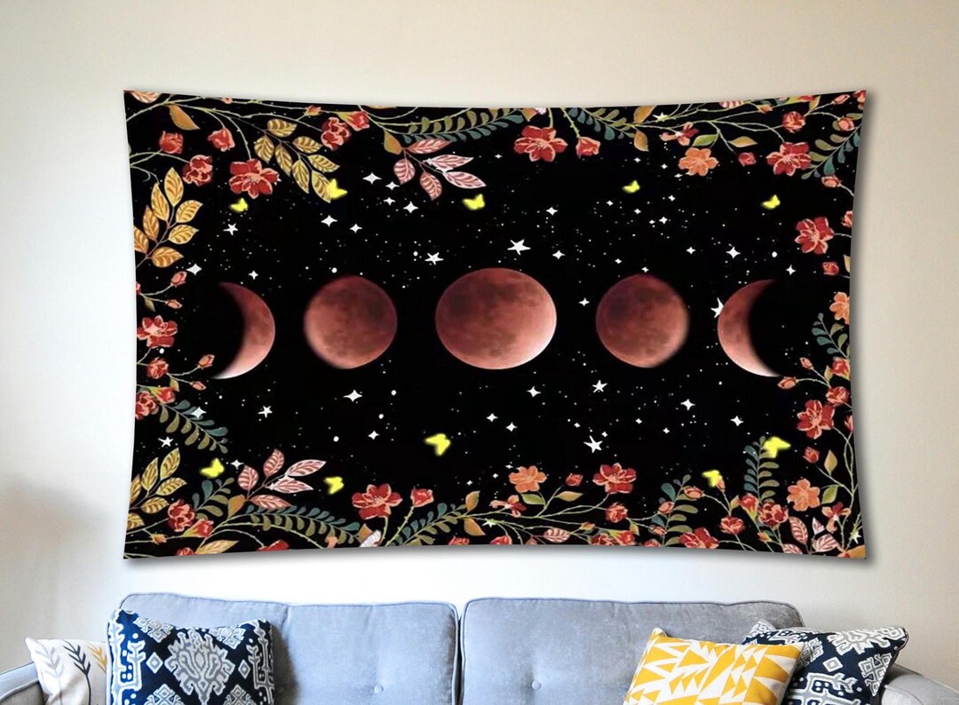 Moon Phases Witchy Tapestry, Floral Lunar Wall Tapestry, Celestial Moon ...